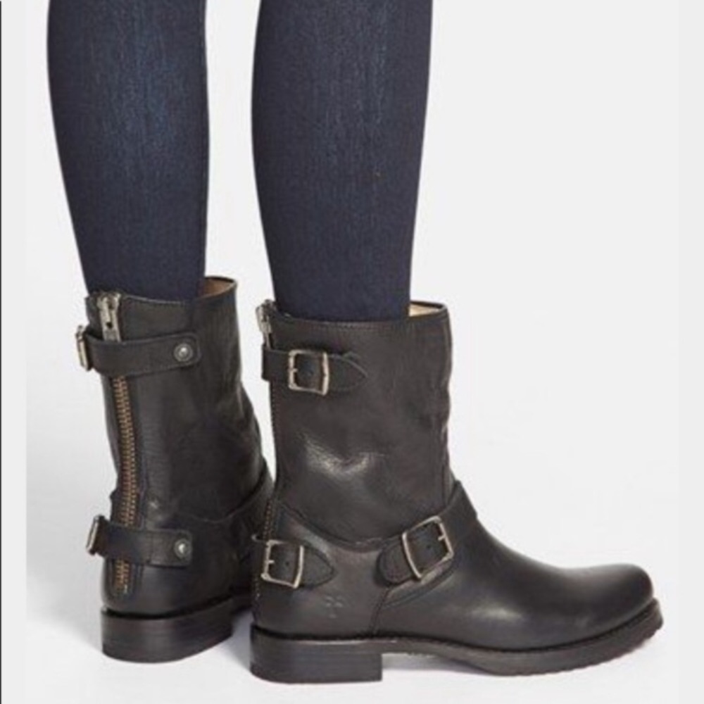 Frye Black Leather Short Moto Boots with Buckle Straps